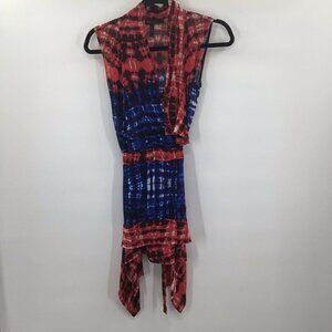 BCBGMaxazria Women's Sz XXS Red/Blue Persian 100% Silk Sleeveless Wrap Blouse